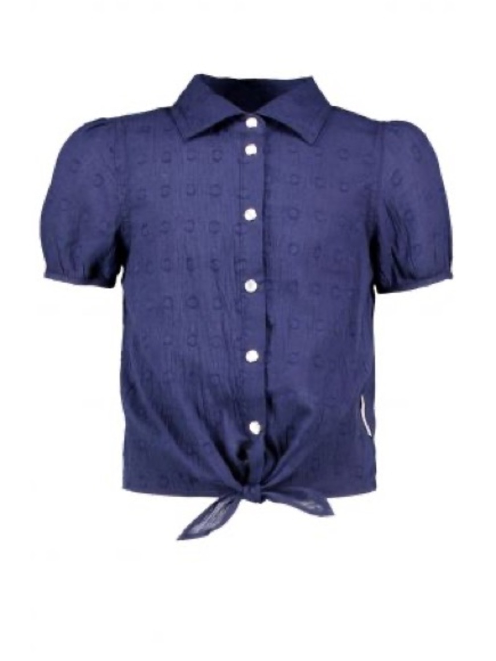Girls Navy Short-Sleeve Button Front Tie Hem Top